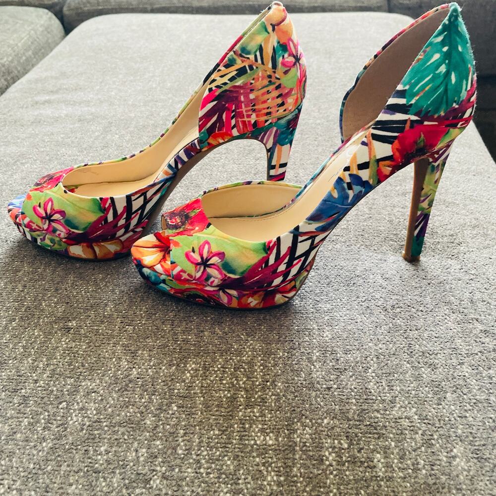 Jessica Simpson Womens 8.5 Floral Tropical Peep Toe Platform Stiletto Pumps